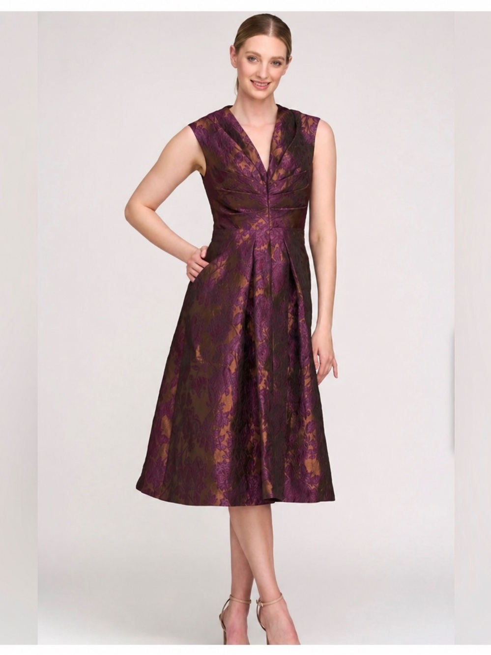 NWT Kay Unger Margaret Midi Dress Jacquard Cocktail Dress in Fig Amber